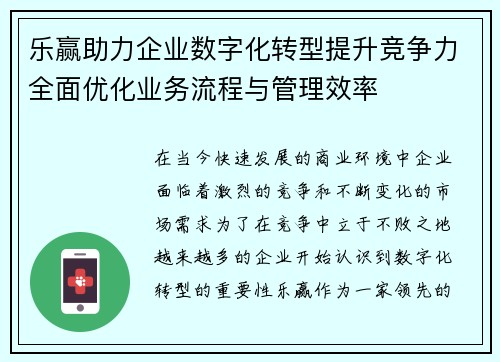 乐赢助力企业数字化转型提升竞争力全面优化业务流程与管理效率