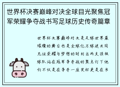 世界杯决赛巅峰对决全球目光聚焦冠军荣耀争夺战书写足球历史传奇篇章